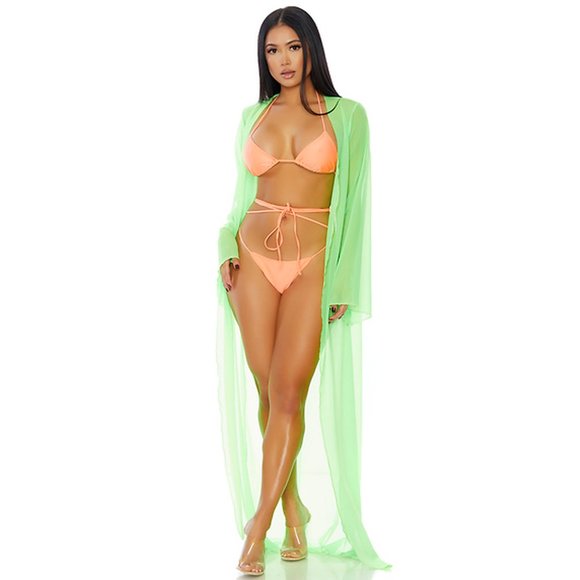 Sheer Mesh Kimono Long Swim Coverup Neon Green - Picture 4 of 5